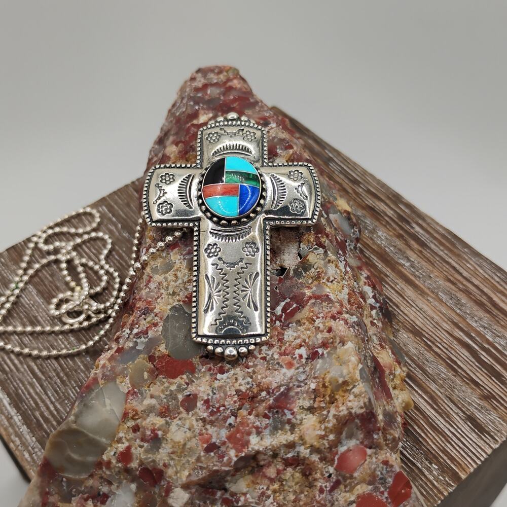 Retired Carolyn Pollock Inlay Cross Pendant Brooch Combo on 17-inch Beaded Chain